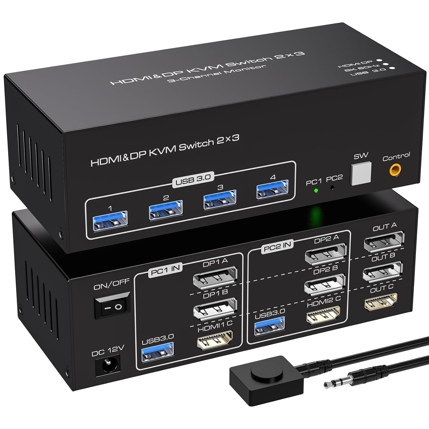 NÖRDIC KVM-switch 2 PC 3 skärmar 8K60Hz 4K144Hz Tripplaskärmar 2xDP 1xHDMI 4xUSB 3.0-portar