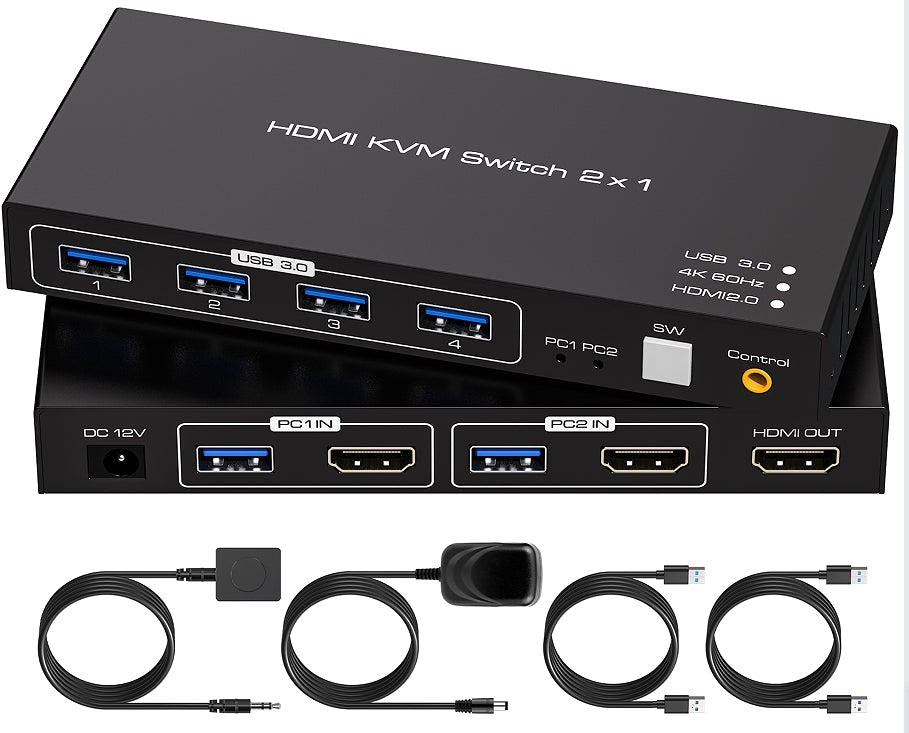 NÖRDIC KVM Switch 2 till 1 HDMI 2.0 4K60Hz för PC, Xbox, PS5 och bärbar med 4xUSB 3.0 portar