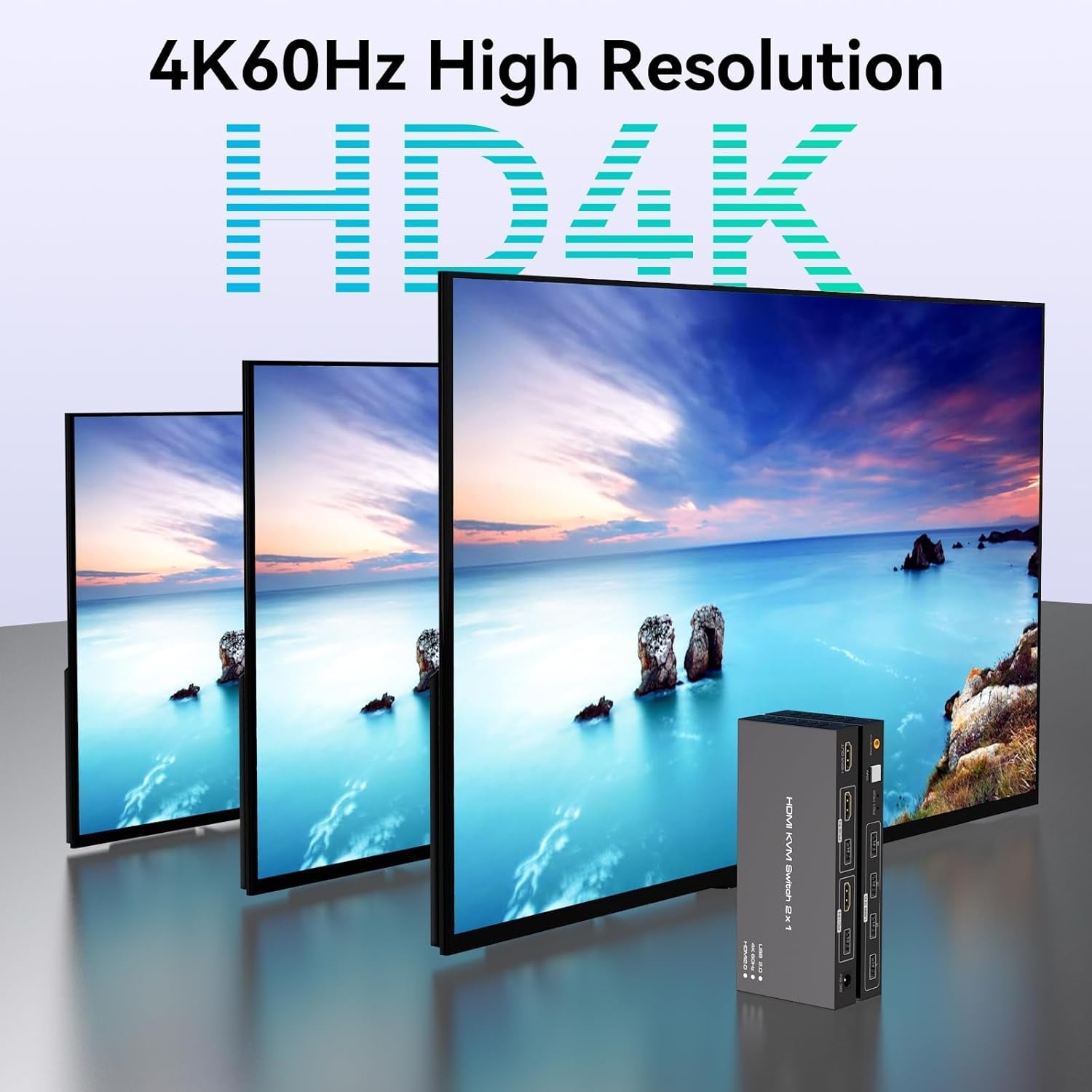 NÖRDIC KVM Switch 2 till 1 HDMI 2.0 4K60Hz för PC, Xbox, PS5 och bärbar med 4xUSB 3.0 portar