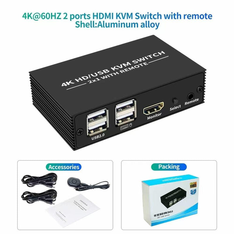 NÖRDIC KVM Switch 2 till 1 HDMI 2.0 4K60Hz för PC, Xbox, PS5 och bärbar med 4xUSB portar