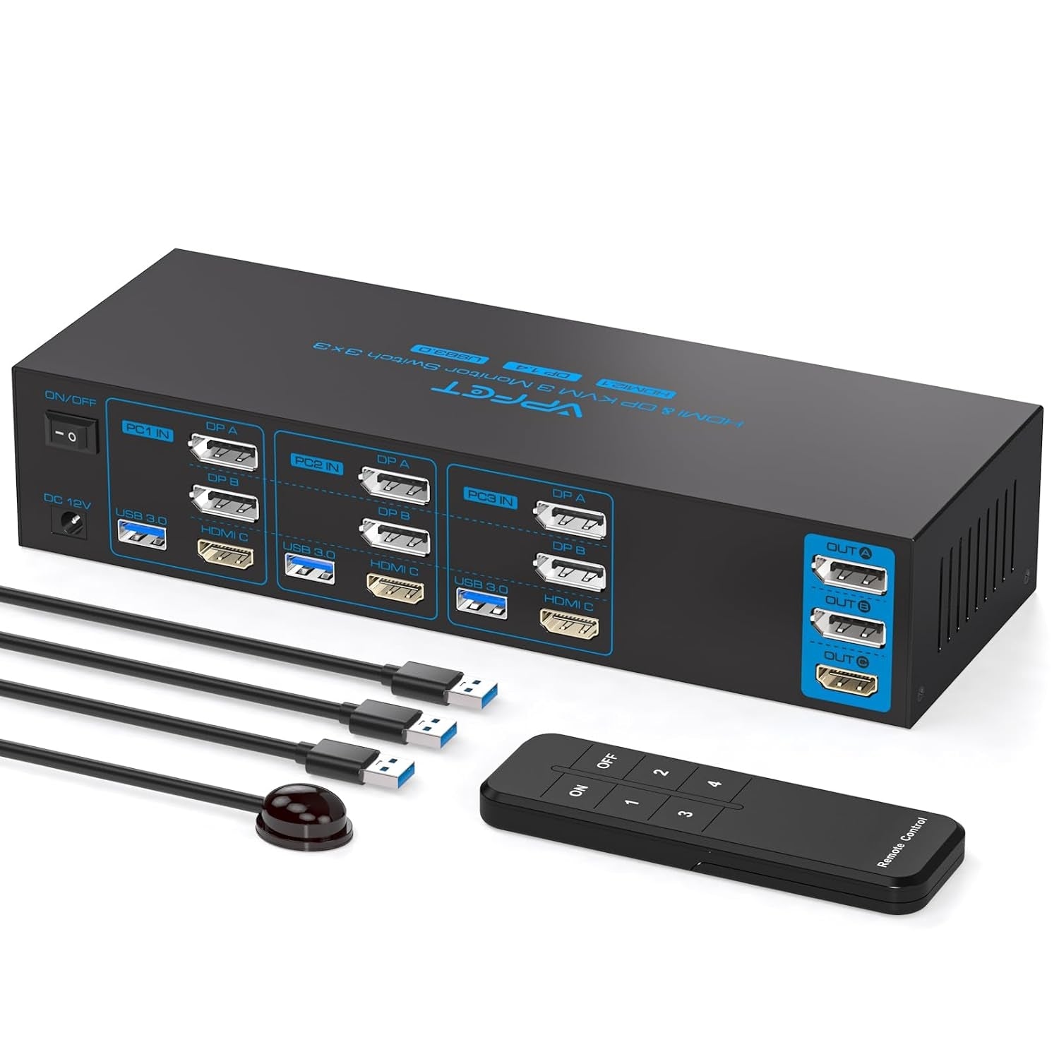 NÖRDIC KVM Switch 3 till 3, 4xUSB3.0 2xDP 1xHDMI 8K30Hz med trådlös kontroll