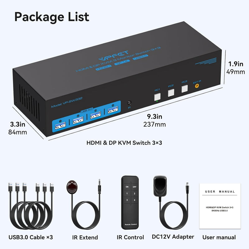 NÖRDIC KVM Switch 3 till 3, 4xUSB3.0 2xDP 1xHDMI 8K30Hz med trådlös kontroll