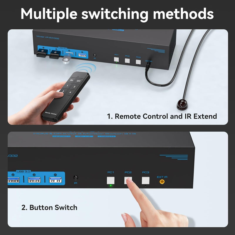 NÖRDIC KVM Switch 3 till 3, 4xUSB3.0 2xDP 1xHDMI 8K30Hz med trådlös kontroll
