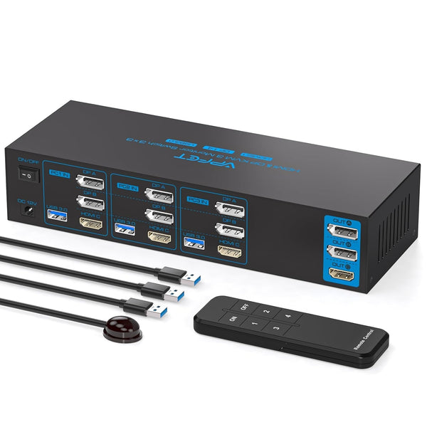 NÖRDIC KVM Switch 3 till 3, 4xUSB3.0 2xDP 1xHDMI 8K30Hz med trådlös kontroll