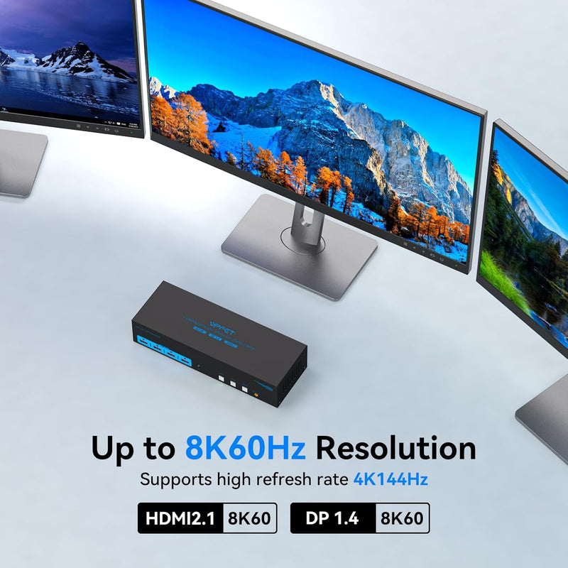 NÖRDIC KVM Switch 3 till 3, 4xUSB3.0 2xDP 1xHDMI 8K30Hz med trådlös kontroll