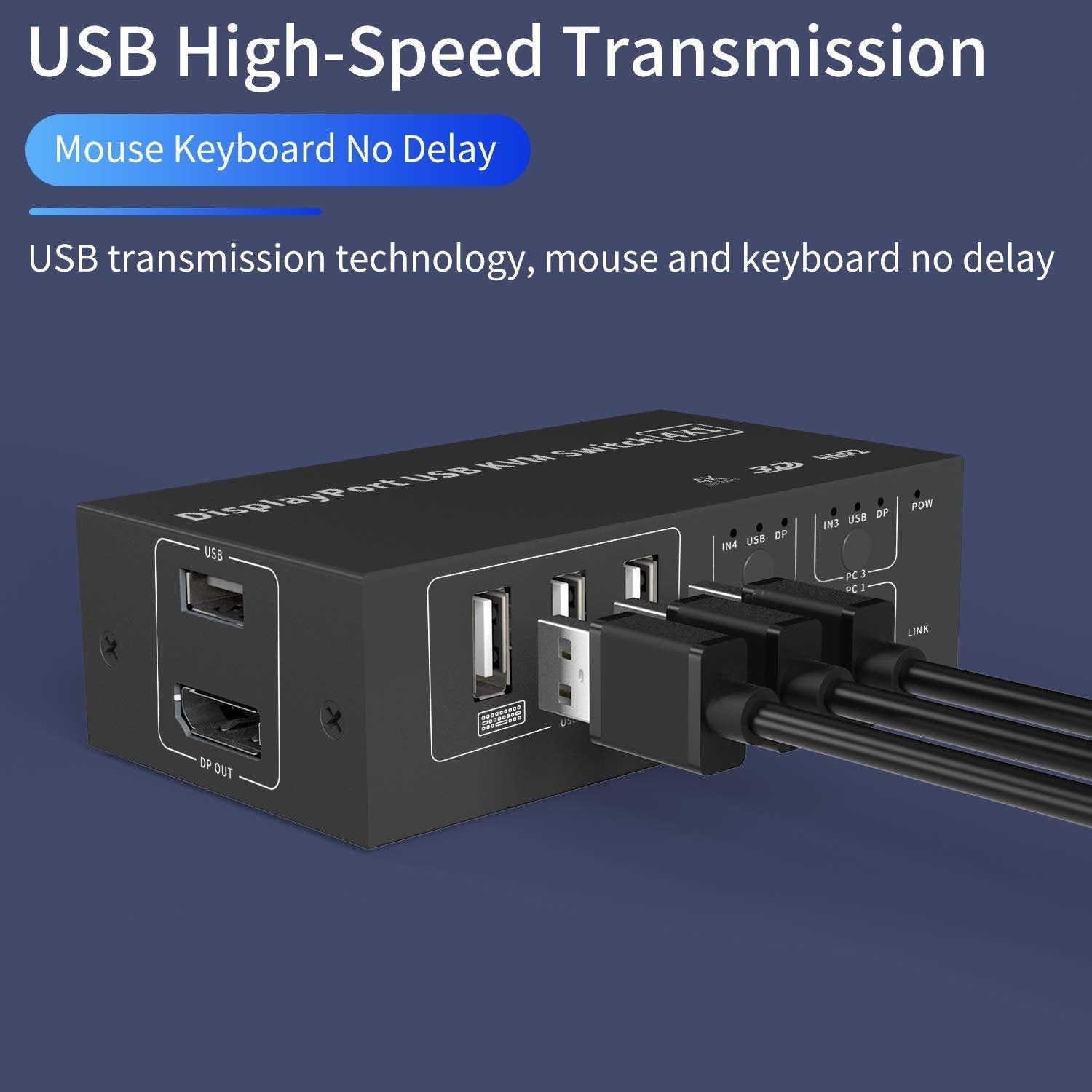 NÖRDIC KVM Switch 4 PC till 1 DisplayPort 1.2 4K 60Hz och 4x USB HDCP 2.2
