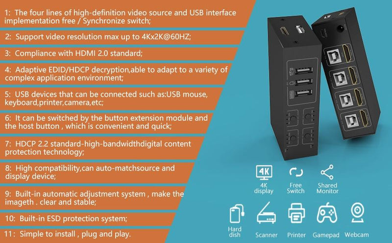 NÖRDIC KVM Switch 4 PC till 1 HDMI 4K 60Hz och 4xUSB HDCP 2.2