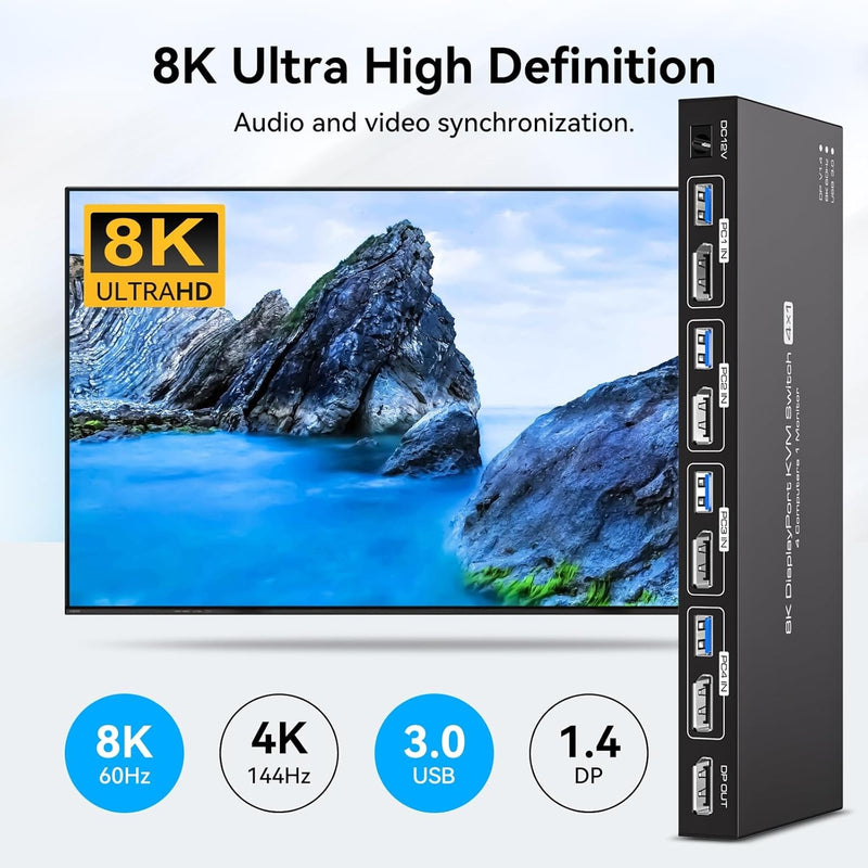 NÖRDIC KVM Switch 4 till 1 DP 8K60Hz 4K144Hz 4xUSB 3.0