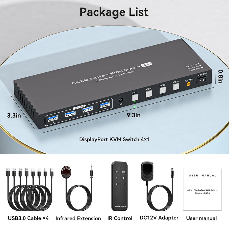 NÖRDIC KVM Switch 4 till 1 DP 8K60Hz 4K144Hz 4xUSB 3.0