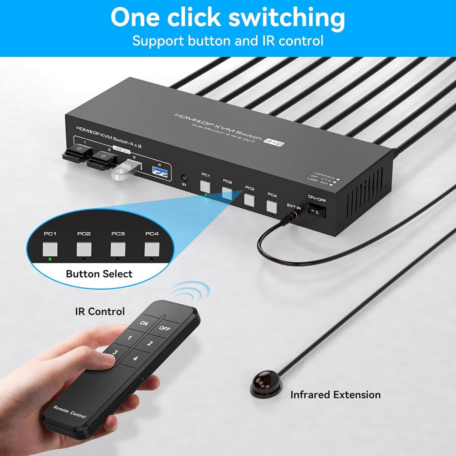 NÖRDIC KVM Switch 4 till 2 DP + HDMI 4K60Hz USB3.0