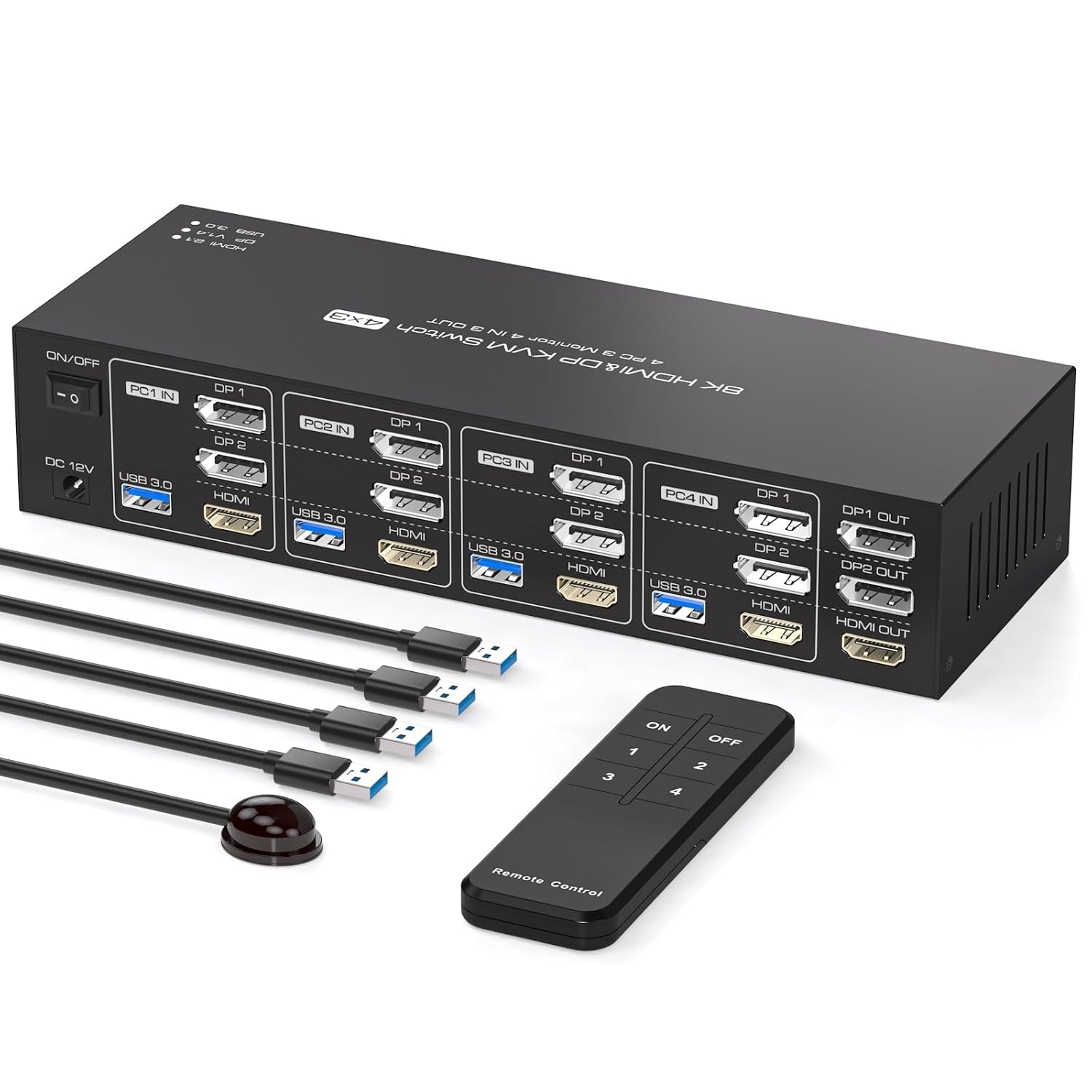 NÖRDIC KVM Switch 4 till 3, 4xUSB3.0 2xDP 1xHDMI 8K60Hz med trådlös kontroll