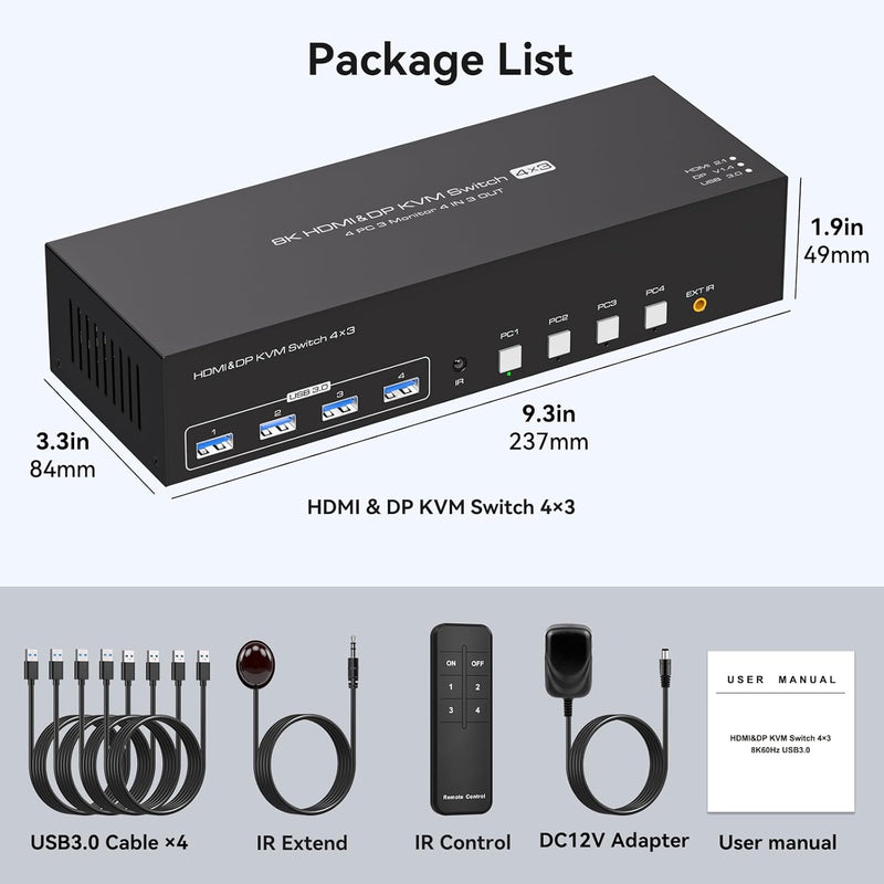 NÖRDIC KVM Switch 4 till 3, 4xUSB3.0 2xDP 1xHDMI 8K30Hz med trådlös kontroll