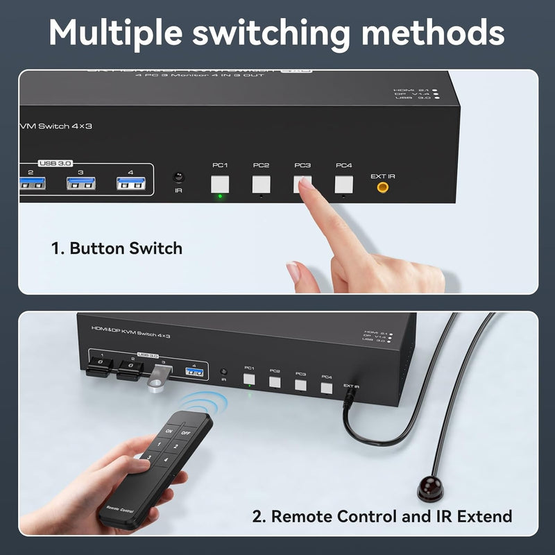 NÖRDIC KVM Switch 4 till 3, 4xUSB3.0 2xDP 1xHDMI 8K30Hz med trådlös kontroll