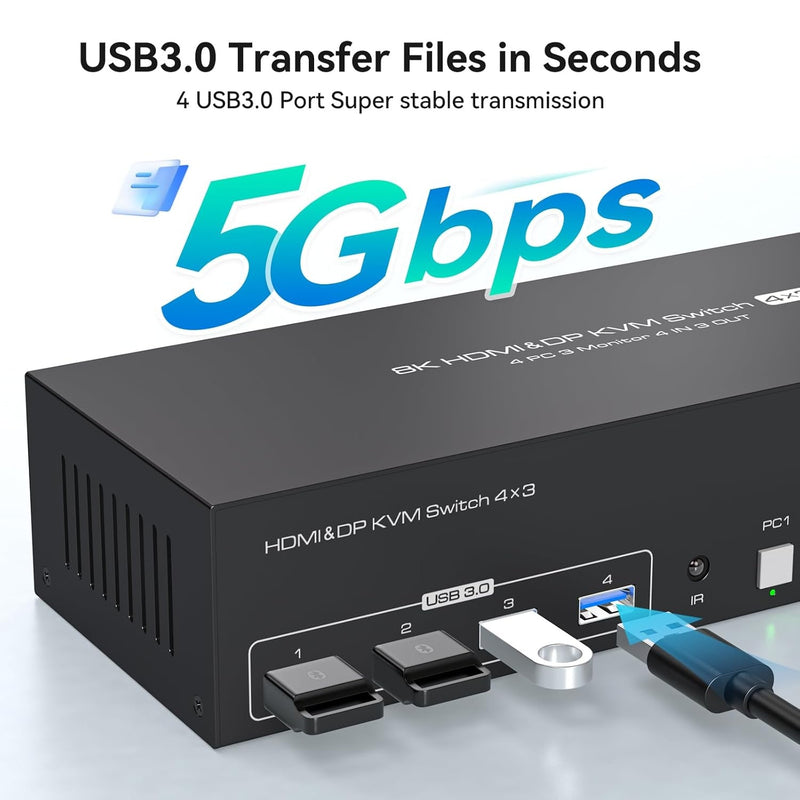 NÖRDIC KVM Switch 4 till 3, 4xUSB3.0 2xDP 1xHDMI 8K30Hz med trådlös kontroll