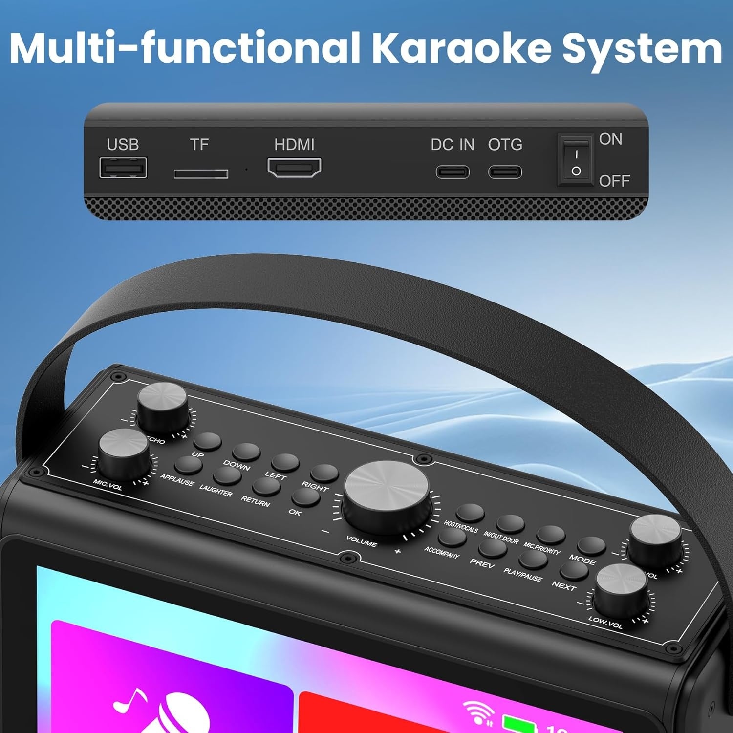 NÖRDIC Karaoke-maskin, inbyggd 10,1" HD-lyricsskärm, stöd för WiFi, Bluetooth, HDMI, USB och MicroSD, med 2 trådlösa mikrofoner för hemmafest
