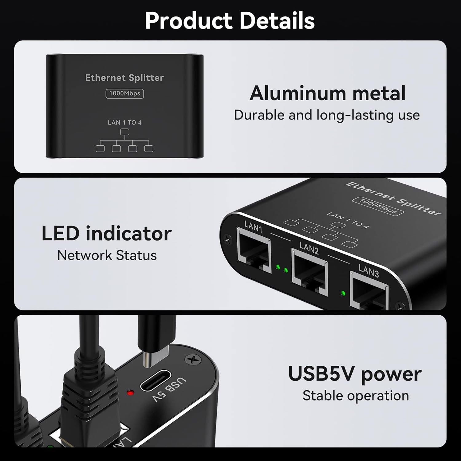 NÖRDIC LAN-splitter 1 till 4 1000 Mbps Gigabit Ethernet för dator, laptop, switch, hubb, router, digital-TV
