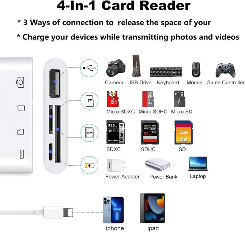 NÖRDIC Lightning Kortläsare 2 Slot SD, MicroSD 1xUSB-A, 1xUSB-C Laddning UHS-I