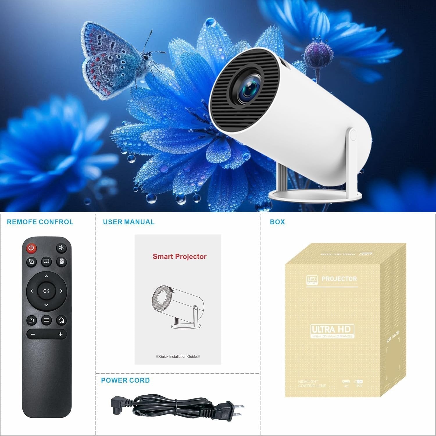 NÖRDIC Mini Portable Projector 720p HD-stöd Android 11 – WiFi 6, BT 5.0, 180° rotation, hemmabioprojektor