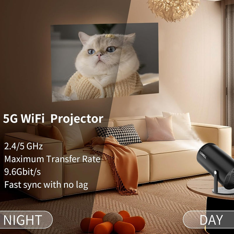 NÖRDIC Mini Portable Projector 720p HD-stöd Android 11 – WiFi 6, BT 5.0, 180° rotation, hemmabioprojektor