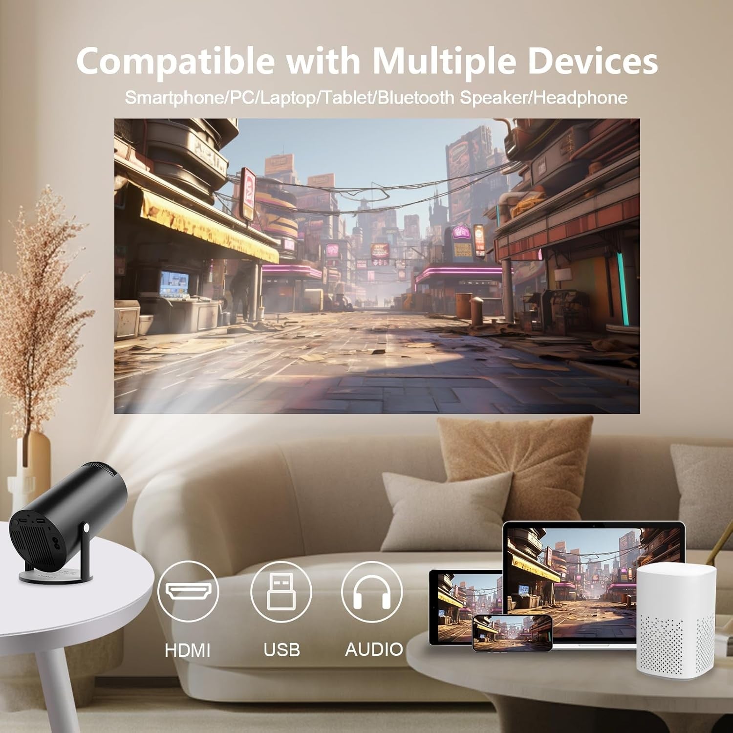 NÖRDIC Mini Portable Projector 720p HD-stöd Android 11 – WiFi 6, BT 5.0, 180° rotation, hemmabioprojektor