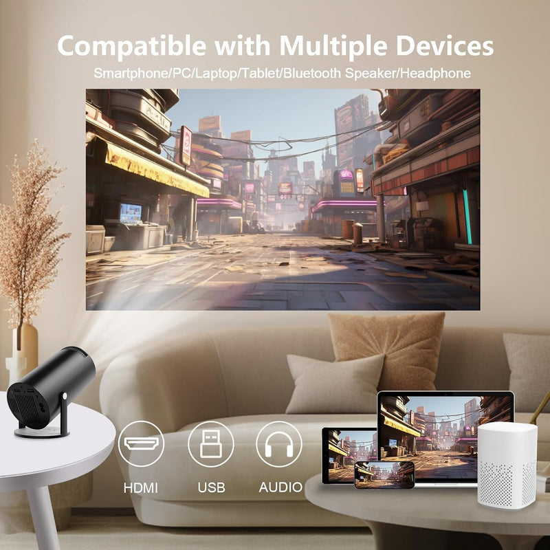 NÖRDIC Mini Portable Projector 720p HD-stöd Android 11 – WiFi 6, BT 5.0, 180° rotation, hemmabioprojektor