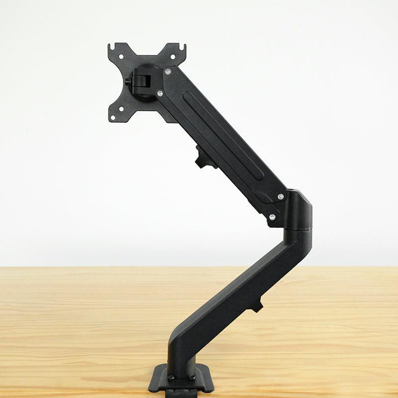 Monitorarm med gasfjäder för 17–27" skärmar, tillverkad i aluminium och stål med stabilt bordsfäste i svart design.