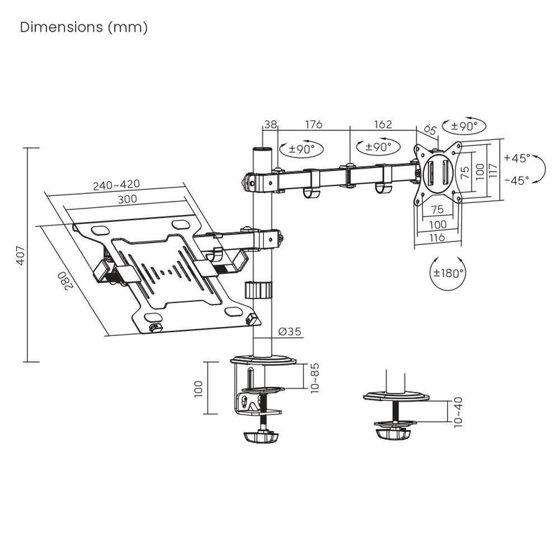 NÖRDIC Monitorarm och bärbar datorhållare monitor 17-32" 9kg bärbar 10-15,6" monitorfäste