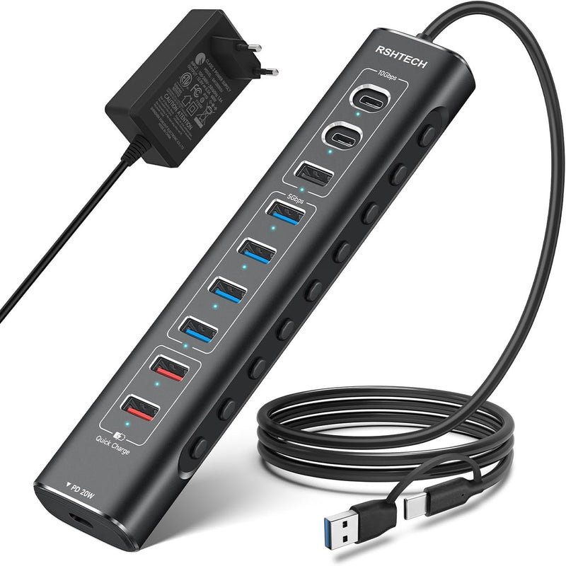 NÖRDIC Powered 10port USB-C & A Hubb, 3x10G USB-A och USB-C USB3.2 GEN2, 4x5G USB-A USB3.2 GEN1, 1xUSB-C 20W PD, 2xUSB-A laddning med individuell switch