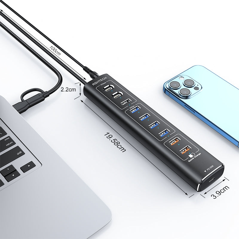 NÖRDIC Powered 10port USB-C & A Hubb, 3x10G USB-A och USB-C USB3.2 GEN2, 4x5G USB-A USB3.2 GEN1, 1xUSB-C 20W PD, 2xUSB-A laddning med individuell switch