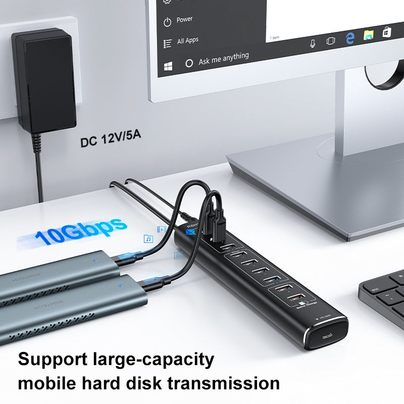 NÖRDIC Powered 10port USB-C & A Hubb, 3x10G USB-A och USB-C USB3.2 GEN2, 4x5G USB-A USB3.2 GEN1, 1xUSB-C 20W PD, 2xUSB-A laddning med individuell switch