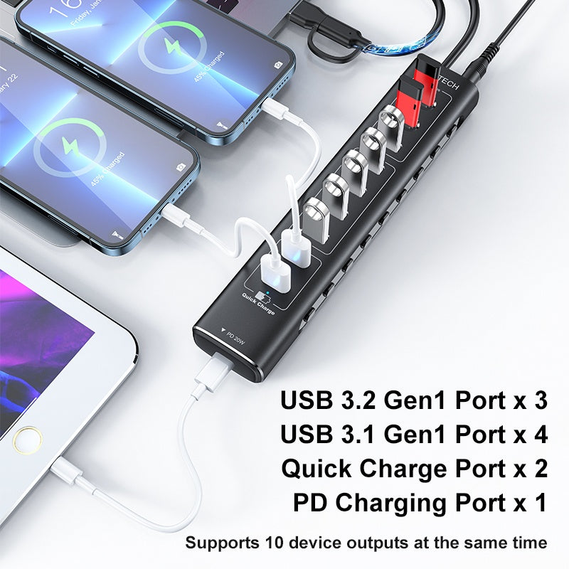 NÖRDIC Powered 10port USB-C & A Hubb, 3x10G USB-A och USB-C USB3.2 GEN2, 4x5G USB-A USB3.2 GEN1, 1xUSB-C 20W PD, 2xUSB-A laddning med individuell switch