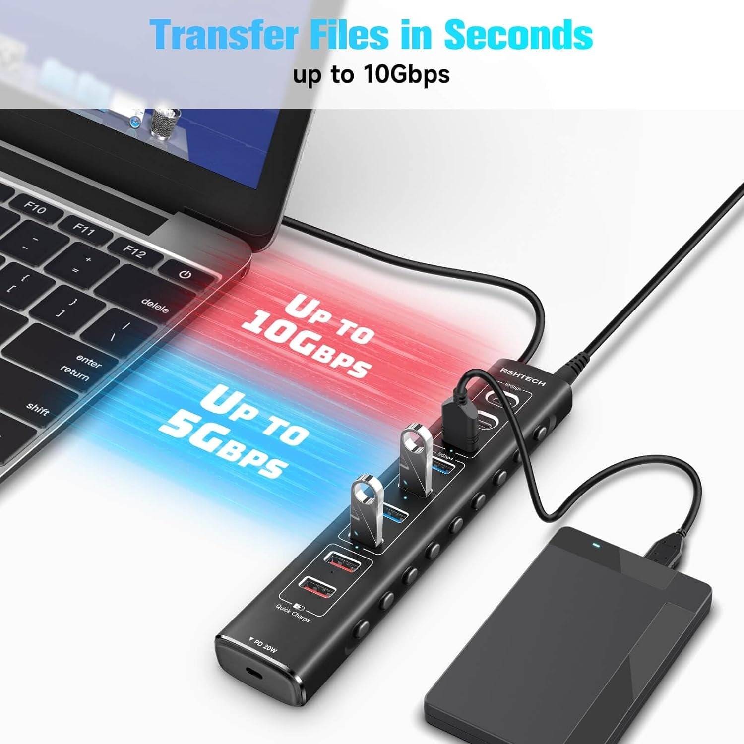 NÖRDIC Powered 10port USB-C & A Hubb, 3x10G USB-A och USB-C USB3.2 GEN2, 4x5G USB-A USB3.2 GEN1, 1xUSB-C 20W PD, 2xUSB-A laddning med individuell switch