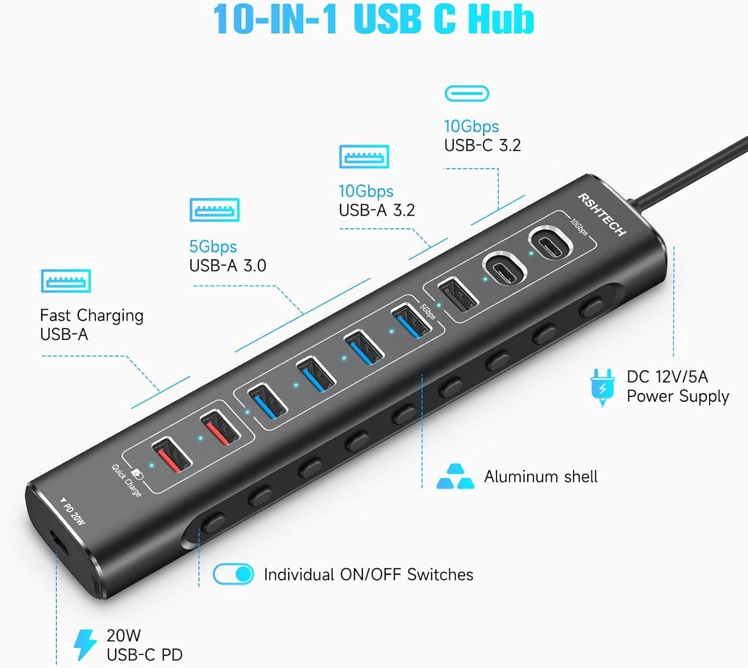 NÖRDIC Powered 10port USB-C & A Hubb, 3x10G USB-A och USB-C USB3.2 GEN2, 4x5G USB-A USB3.2 GEN1, 1xUSB-C 20W PD, 2xUSB-A laddning med individuell switch
