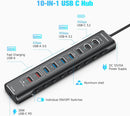 NÖRDIC Powered 10port USB-C & A Hubb, 3x10G USB-A och USB-C USB3.2 GEN2, 4x5G USB-A USB3.2 GEN1, 1xUSB-C 20W PD, 2xUSB-A laddning med individuell switch