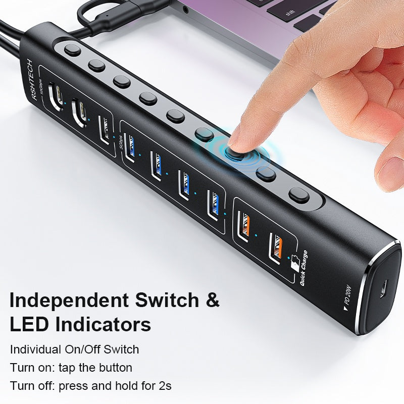 NÖRDIC Powered 10port USB-C & A Hubb, 3x10G USB-A och USB-C USB3.2 GEN2, 4x5G USB-A USB3.2 GEN1, 1xUSB-C 20W PD, 2xUSB-A laddning med individuell switch