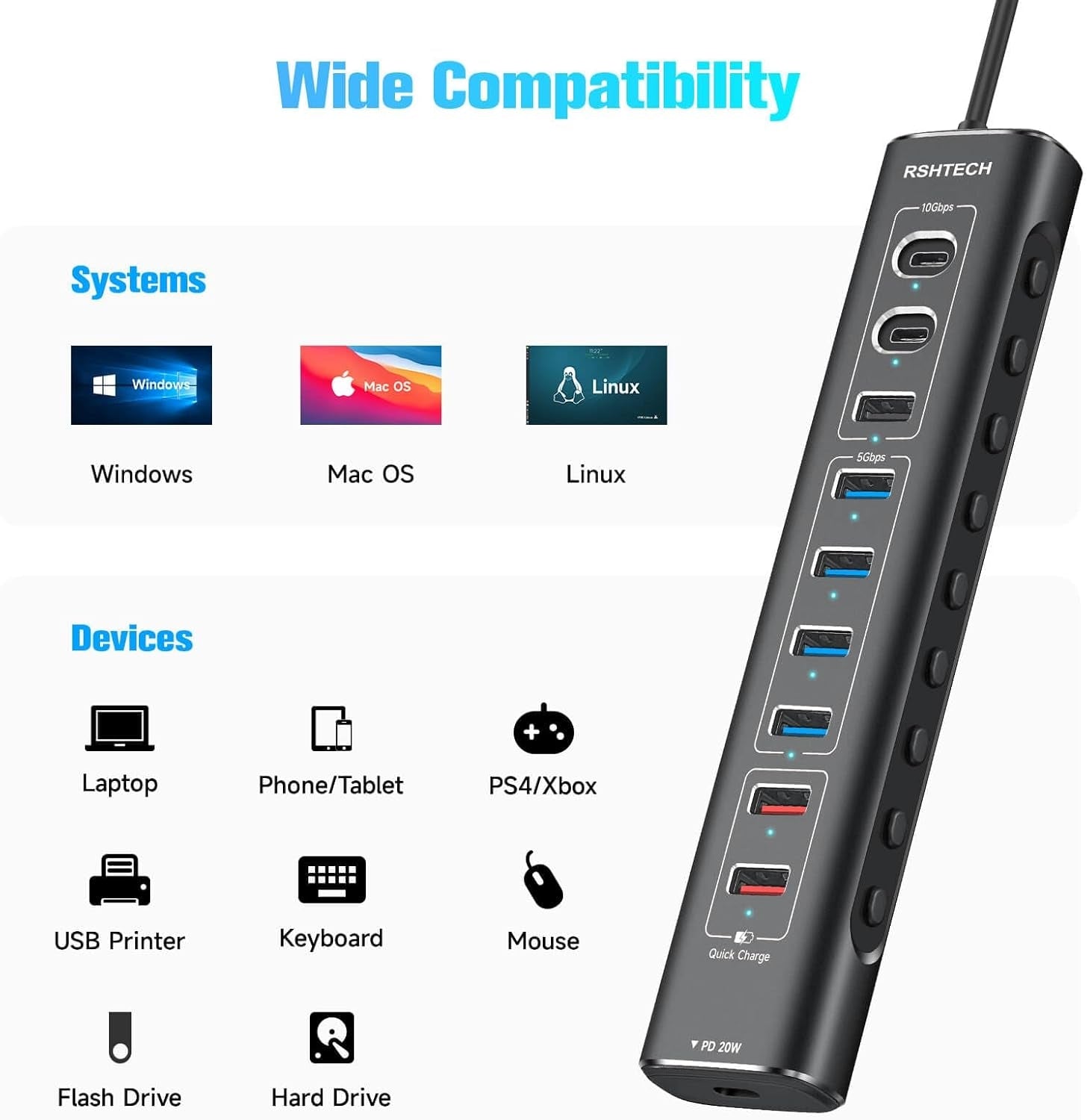 NÖRDIC Powered 10port USB-C & A Hubb, 3x10G USB-A och USB-C USB3.2 GEN2, 4x5G USB-A USB3.2 GEN1, 1xUSB-C 20W PD, 2xUSB-A laddning med individuell switch