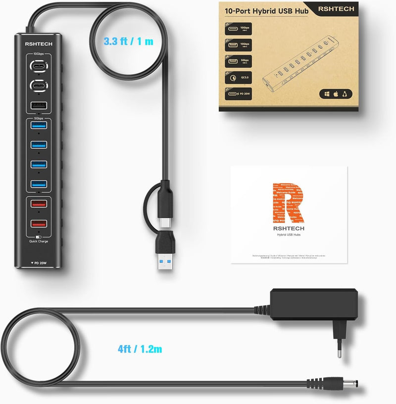 NÖRDIC Powered 10port USB-C & A Hubb, 3x10G USB-A och USB-C USB3.2 GEN2, 4x5G USB-A USB3.2 GEN1, 1xUSB-C 20W PD, 2xUSB-A laddning med individuell switch