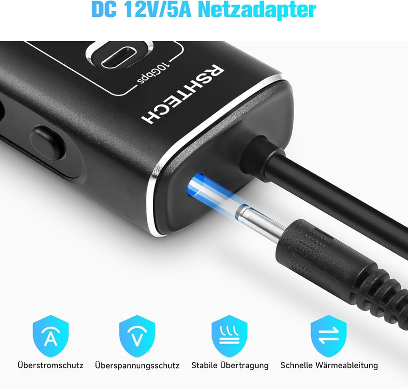 NÖRDIC Powered 10port USB-C & A Hubb, 3x10G USB-A och USB-C USB3.2 GEN2, 4x5G USB-A USB3.2 GEN1, 1xUSB-C 20W PD, 2xUSB-A laddning med individuell switch