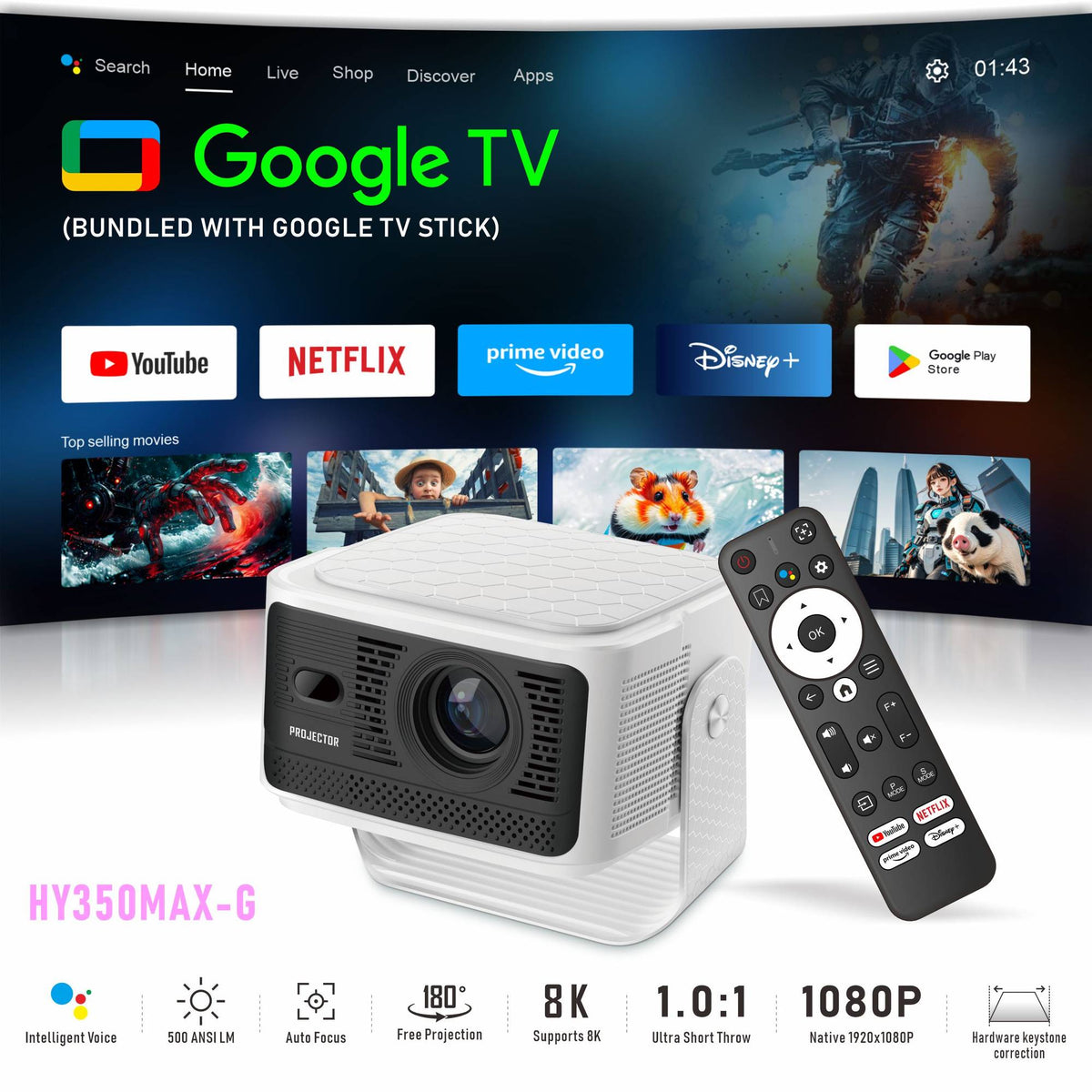 NÖRDIC Projektor Google-certifierad 1080p 500 ANSI lumen 2.4/5G WiFi 6 Android 11