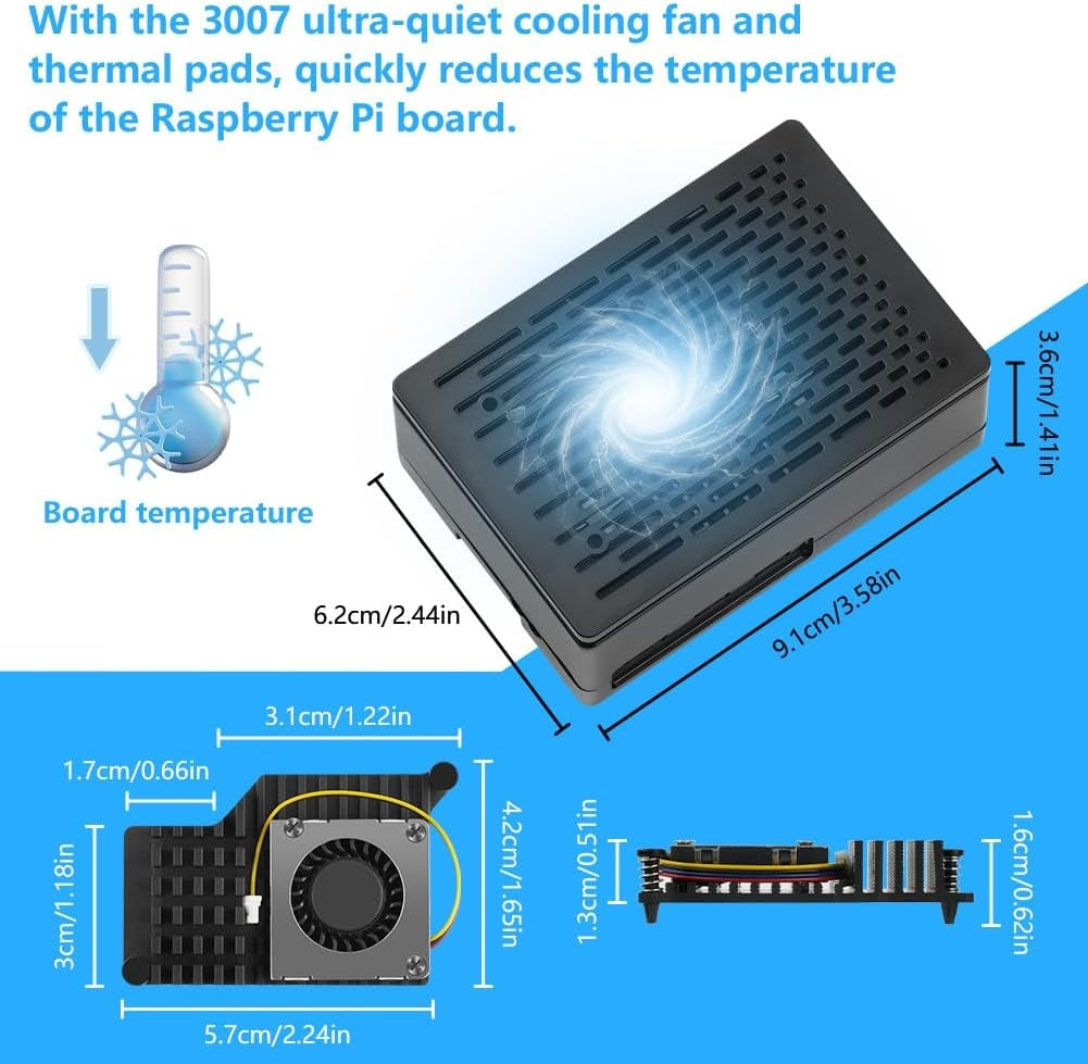 NÖRDIC Raspberry Pi 5-chassi med Pi5-officiell aktiv kylare, stöd för PCIe M.2 NVMe SSD Shield Top, för Raspberry Pi 5 4GB/8GB