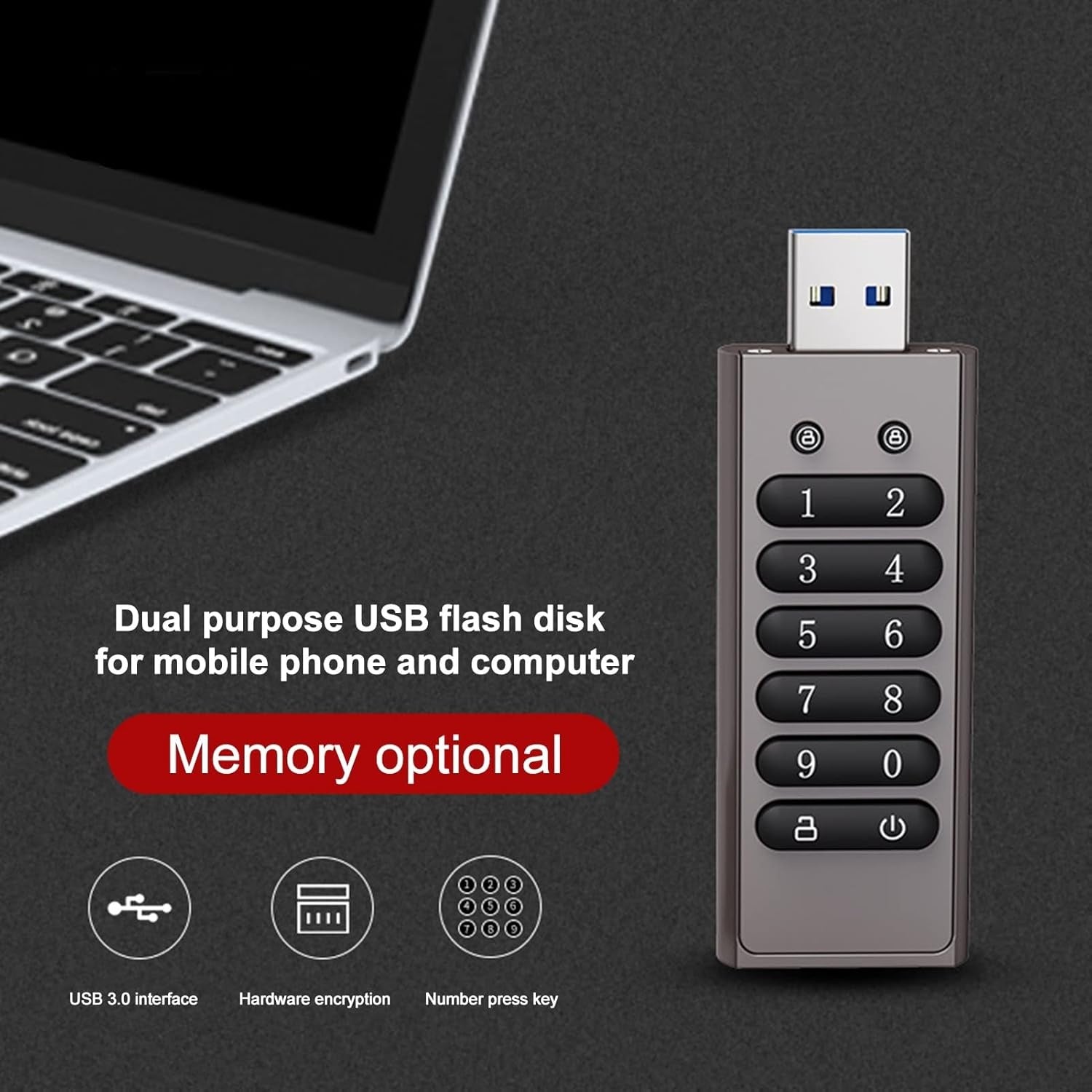 NÖRDIC Säkert krypterat USB-minne lösenordsskyddat låsande AES - 256-bitars, USB-minne 3.0 för personligt skydd 64 GB