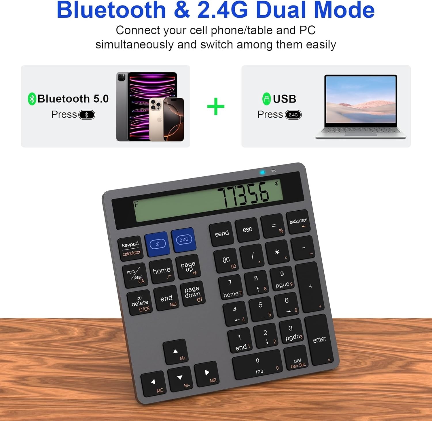 NÖRDIC Slim 34-tangenters numerisk knappsats med Bluetooth och display, 2-i-1 dataregistrering + kalkylator för laptop, MacBook, Mac, Surface, PC och Chrome