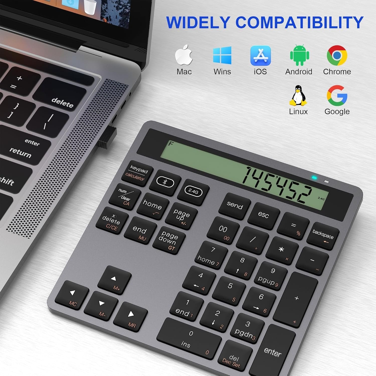 NÖRDIC Slim 34-tangenters numerisk knappsats med Bluetooth och display, 2-i-1 dataregistrering + kalkylator för laptop, MacBook, Mac, Surface, PC och Chrome