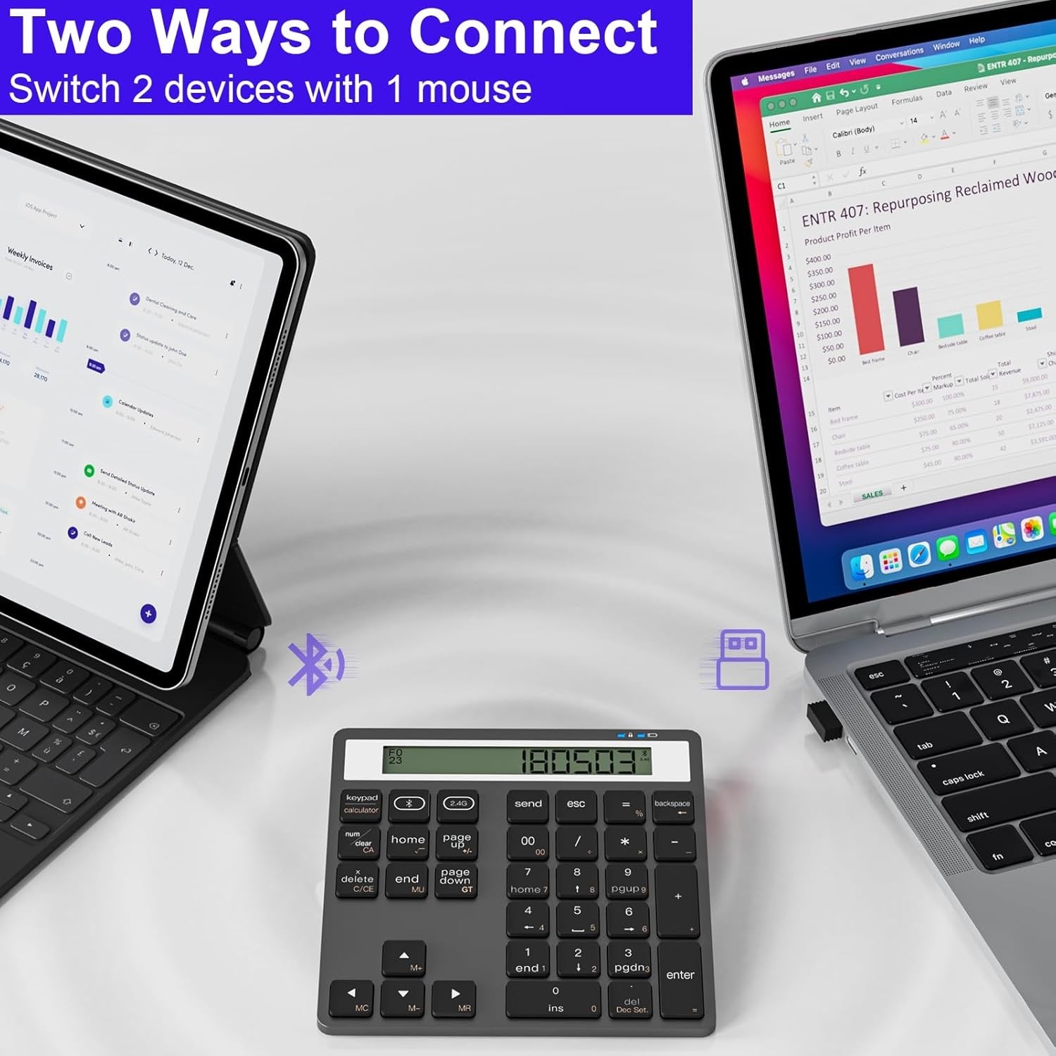 NÖRDIC Slim 34-tangenters numerisk knappsats med Bluetooth och display, 2-i-1 dataregistrering + kalkylator för laptop, MacBook, Mac, Surface, PC och Chrome