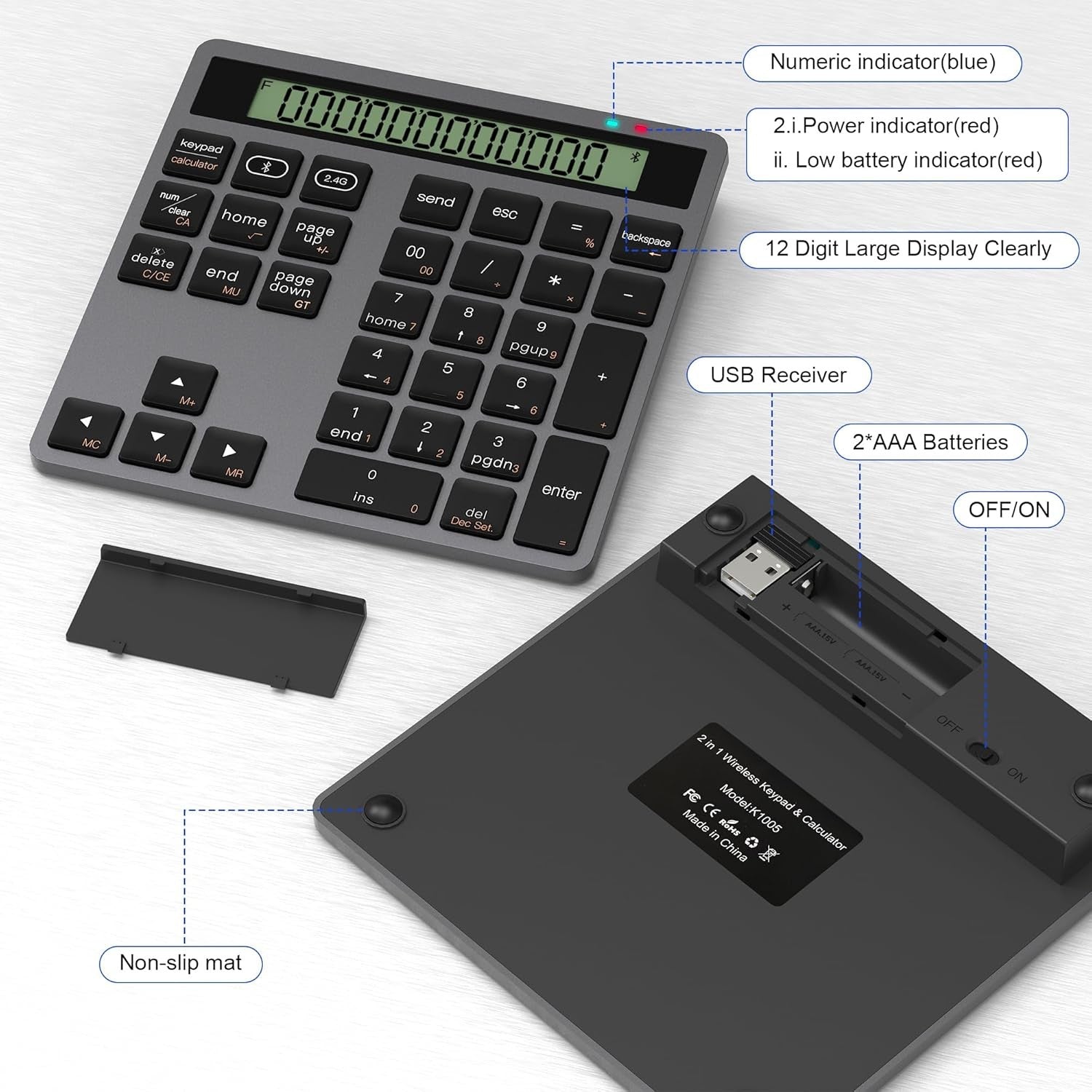 NÖRDIC Slim 34-tangenters numerisk knappsats med Bluetooth och display, 2-i-1 dataregistrering + kalkylator för laptop, MacBook, Mac, Surface, PC och Chrome
