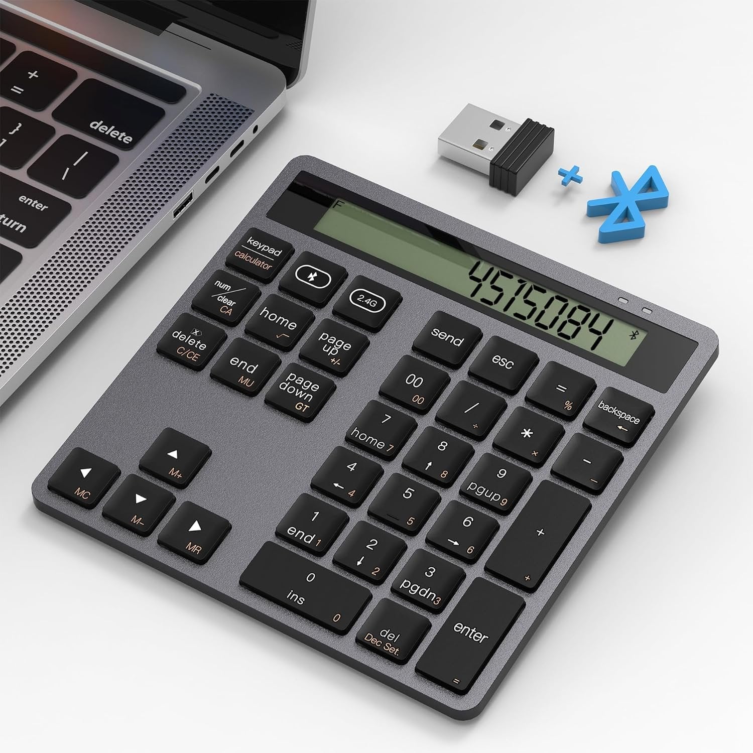 NÖRDIC Slim 34-tangenters numerisk knappsats med Bluetooth och display, 2-i-1 dataregistrering + kalkylator för laptop, MacBook, Mac, Surface, PC och Chrome