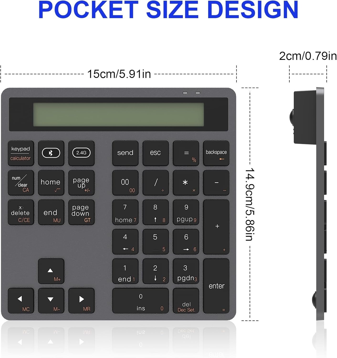 NÖRDIC Slim 34-tangenters numerisk knappsats med Bluetooth och display, 2-i-1 dataregistrering + kalkylator för laptop, MacBook, Mac, Surface, PC och Chrome