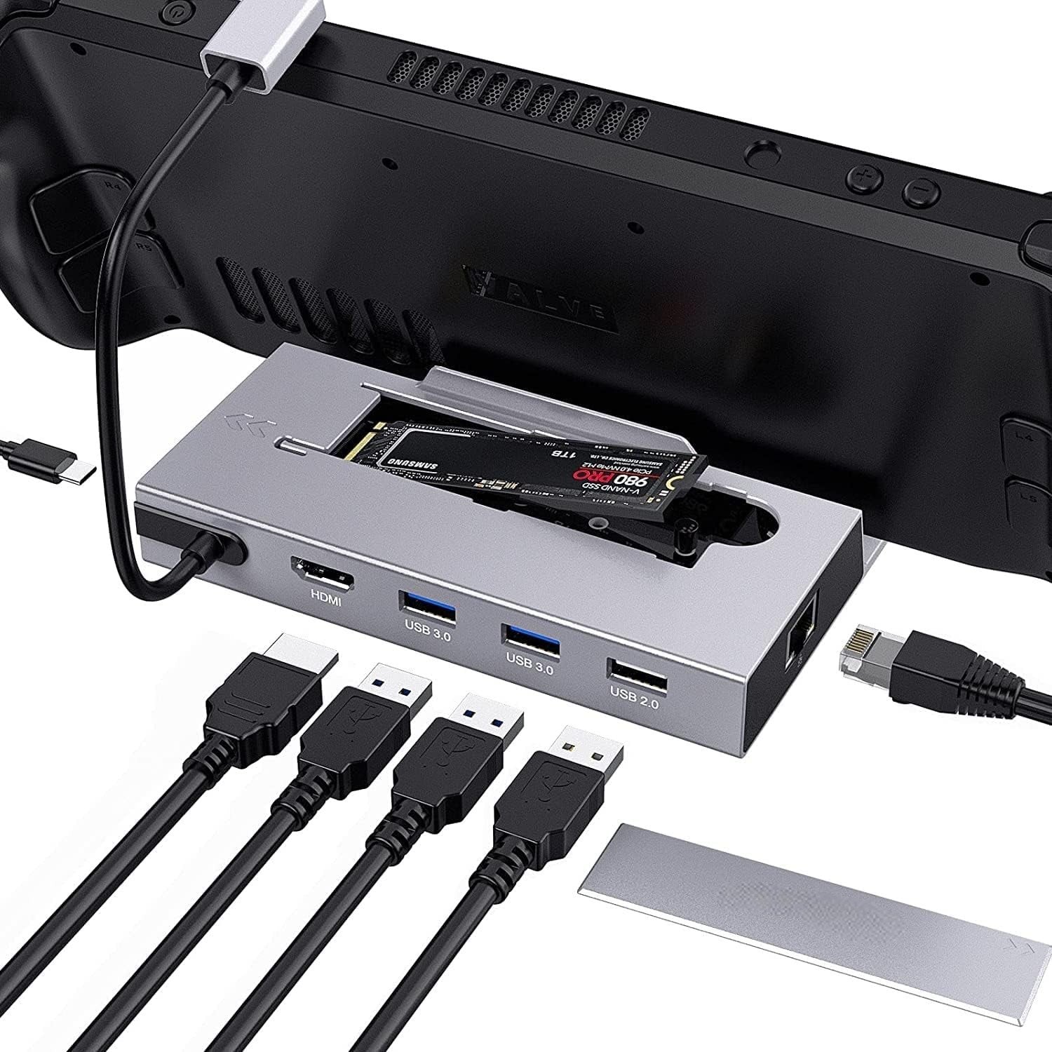NÖRDIC Steam Deck dockningsstation 1 till 7 - 1xHDMI 2.0 (4K60Hz), 1xM.2 SSD, 1xUSB-C PD 100W, 2xUSB-A 3.0, 1xUSB-A 2.0, 1xGigabit Ethernet