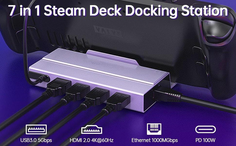 NÖRDIC Steam Deck dockningsstation 1 till 7 - 1xHDMI 2.0 (4K60Hz), 1xM.2 SSD, 1xUSB-C PD 100W, 2xUSB-A 3.1, 1xUSB-A 2.0, 1xGigabit Ethernet