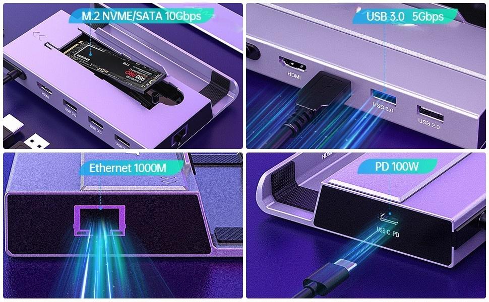 NÖRDIC Steam Deck dockningsstation 1 till 7 - 1xHDMI 2.0 (4K60Hz), 1xM.2 SSD, 1xUSB-C PD 100W, 2xUSB-A 3.0, 1xUSB-A 2.0, 1xGigabit Ethernet